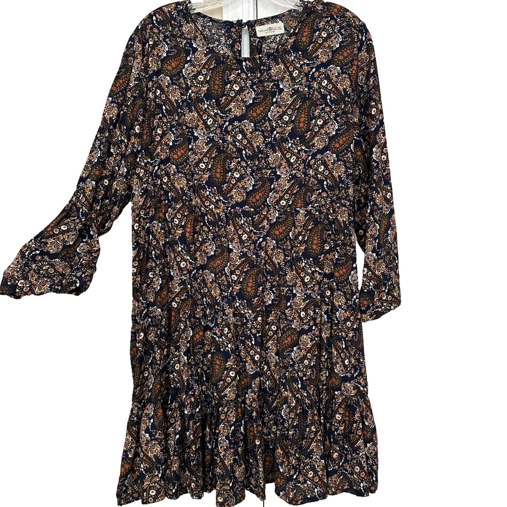 NATURAL LIFE Paisley Long Sleeve Tiered Mini Dress - Black Tan Rust